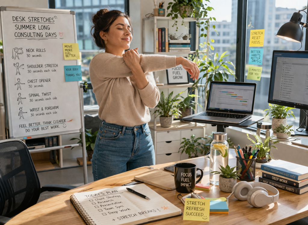 desk stretches during long consulting days